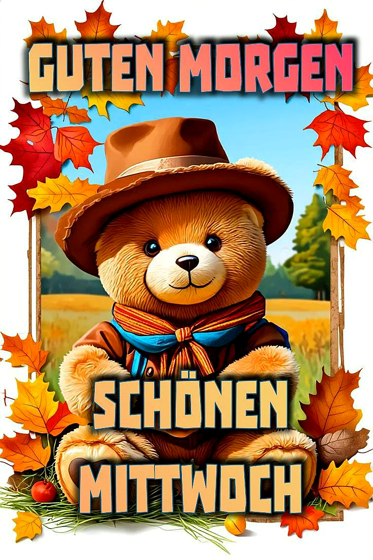 Herbstlicher Gruß für Mittwoch - Teddybär im Herbstwald