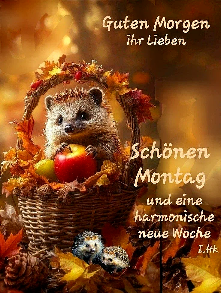 Herzliche Montaggrüße mit Igel im Herbst - Guten Morgen!