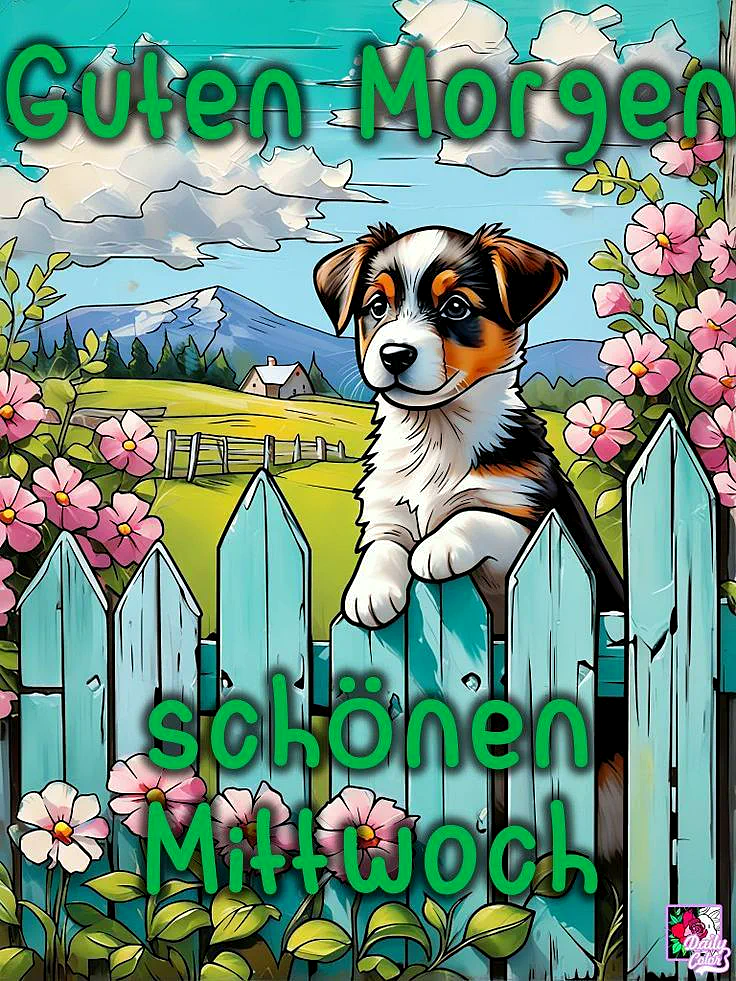 Ein bezaubernder tricolor Welpe schaut über einen hellblauen Lattenzaun, umgeben von zarten rosa Blüten und frischem Grün. Im Hintergrund erstrecken sich sanfte Hügel und Berge unter einem heiteren Himmel, mit dem Gruß 'Guten Morgen schönen Mittwoch'.