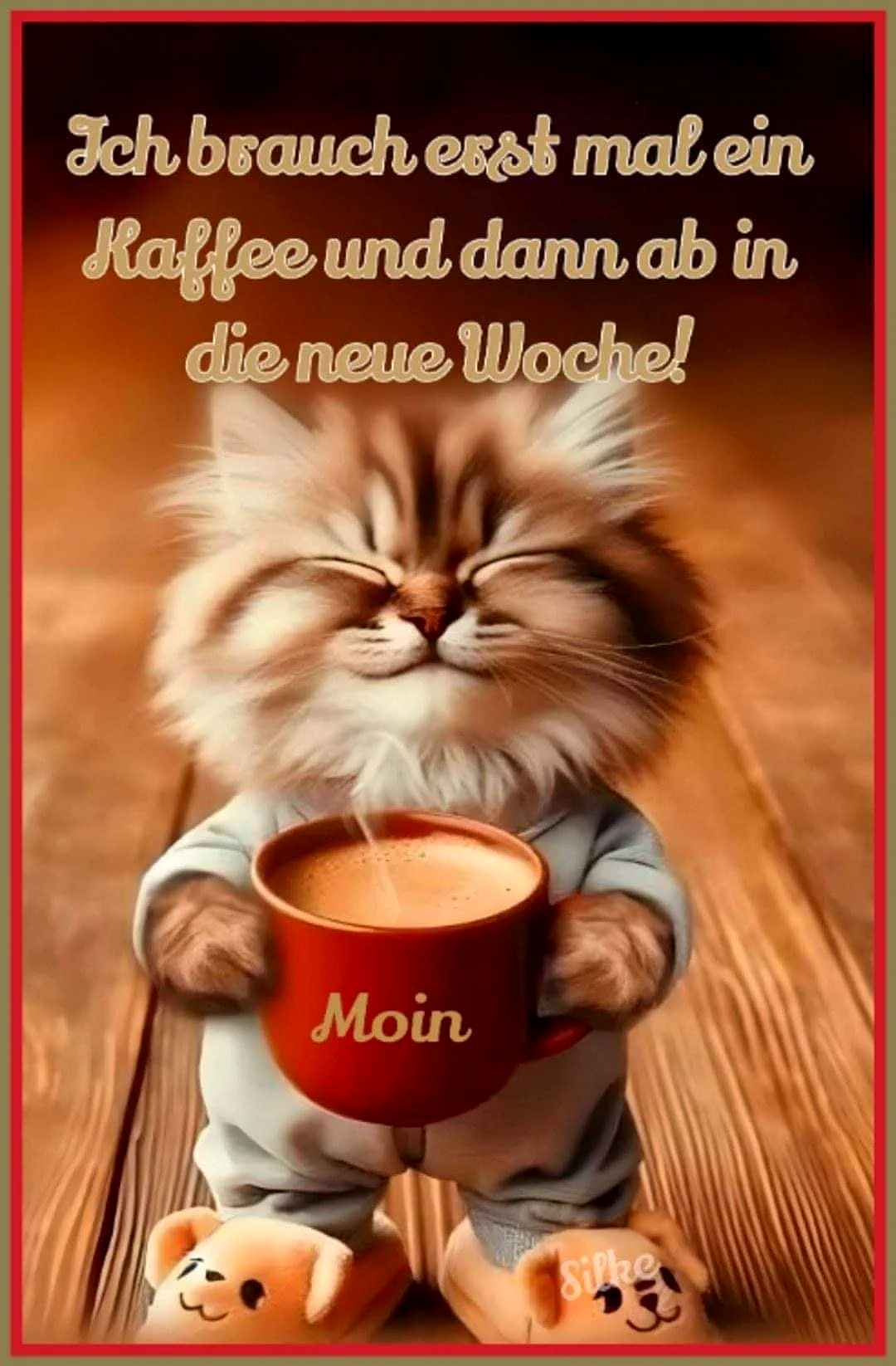 Ein flauschiges braun-weißes Kätzchen im Schlafanzug hält lächelnd eine dampfende rote Kaffeetasse. Es trägt Hundepantoffeln, steht auf Holzboden und strahlt gemütliche Montag-Motivation aus.