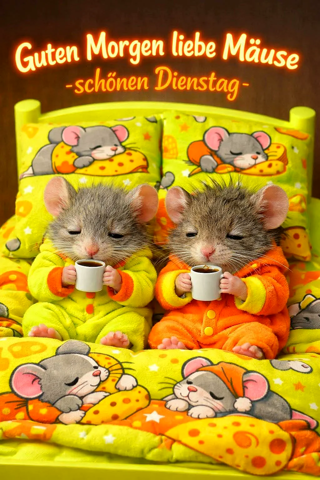 Zwei flauschige Mäuse in gelben und orangen Schlafanzügen sitzen im gemütlichen Bett und trinken Kaffee. Das gelbe Bettzeug zeigt Comic-Mäuse und Käse. Ein humorvolles, schläfriges Bild, das einen schönen Dienstagmorgen wünscht.