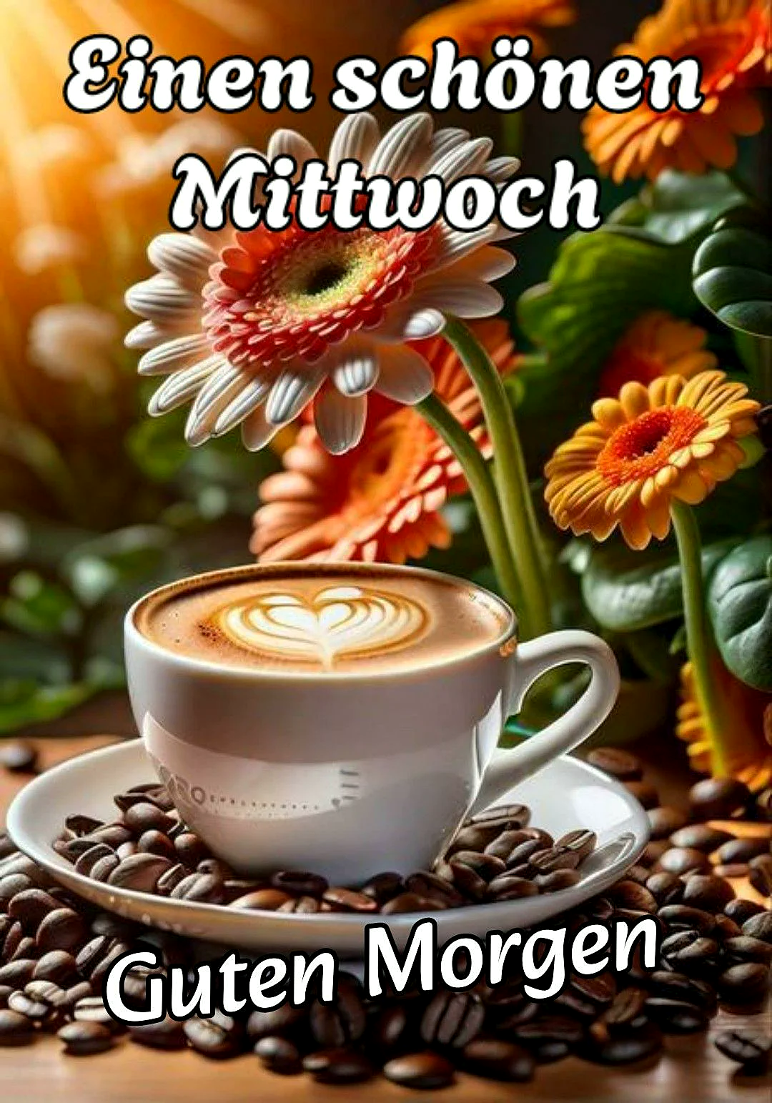 Ein weißer Kaffeebecher auf einer Untertasse, umgeben von Kaffeebohnen, mit einer Herz-Dekoration auf dem Kaffee. Dahinter Blumen in warmen Farben.