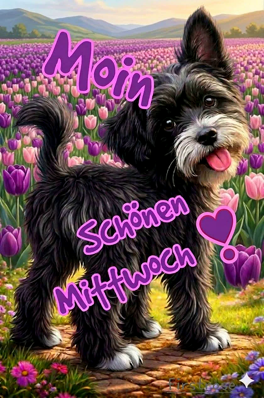 Ein flauschiger, schwarz-weißer Hund mit herausgestreckter Zunge sitzt in einem Feld aus lila und rosa Tulpen. Über ihm steht „Moin Schönen Mittwoch!“. Eine süße und ermutigende Wochenmitte-Botschaft.