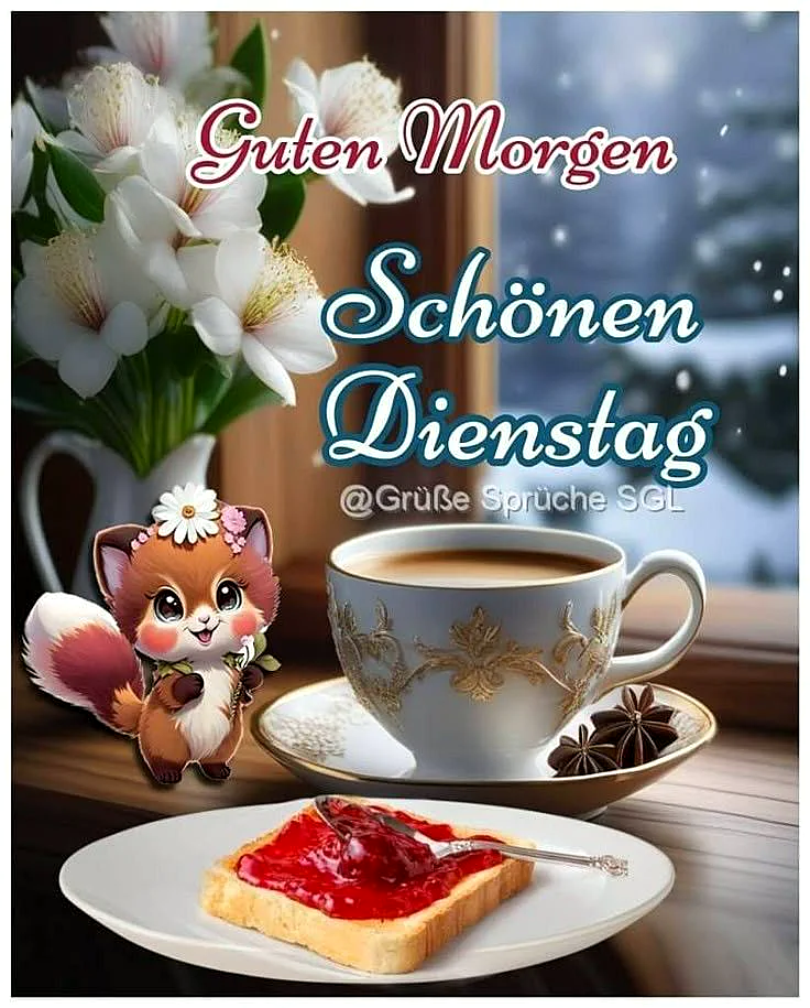 Ein gemütliches Frühstück mit einer Tasse Kaffee, Toast mit Marmelade und Sternanis. Weiße Blumen im Hintergrund. Eine niedliche Cartoon-Fuchsfigur lächelt und begrüßt den neuen Tag.