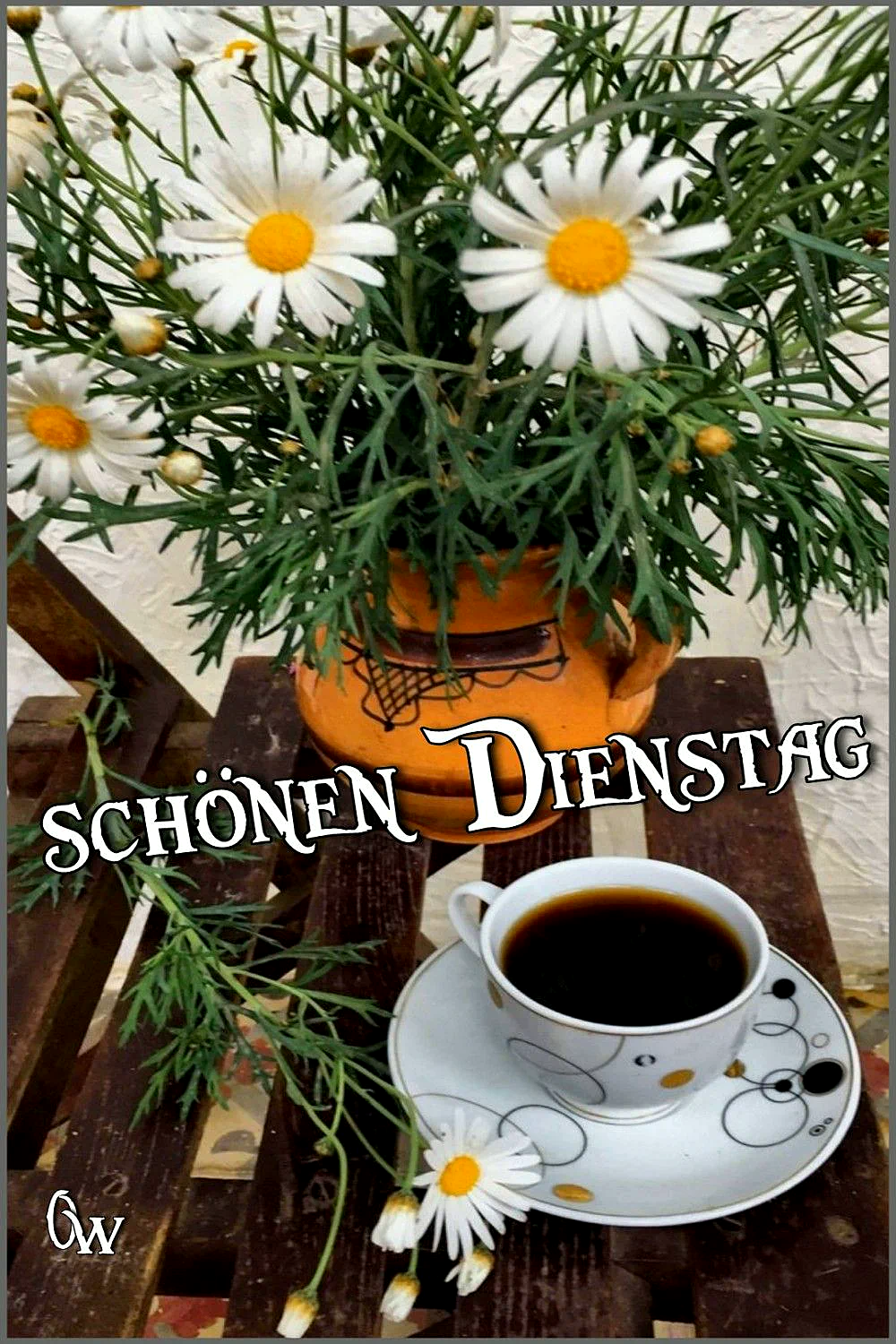 Ein dunkles Holzテーブル mit einer weißen Kaffeetasse und Untertasse, daneben ein Terrakotta-Blumentopf mit weißen Margeriten