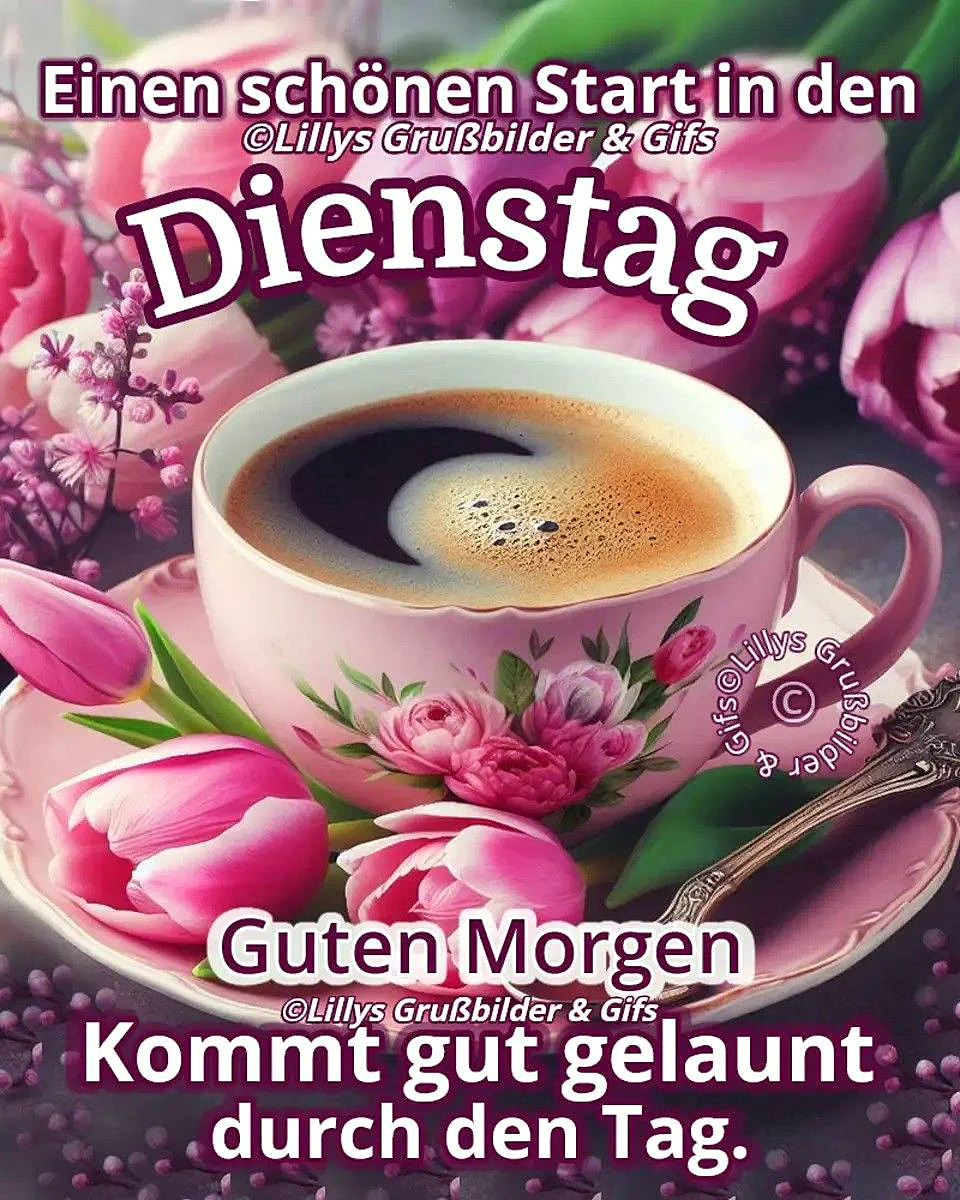 Eine rosa Tasse Kaffee mit Rosenmotiv, umgeben von frischen pinken Tulpen und zarten Blüten, auf einer Untertasse. Die morgendliche Szene strahlt eine ruhige, romantische Wärme aus.