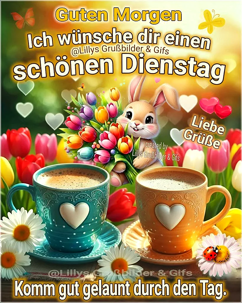 Ein niedlicher Hase hält bunte Tulpen. Zwei dampfende Kaffeetassen mit Herzdekor, umgeben von Gänseblümchen, Blumen und einem Marienkäfer, schaffen eine helle Frühlingsmorgenstimmung. Ideal für produktive Dienstag-Grüße.