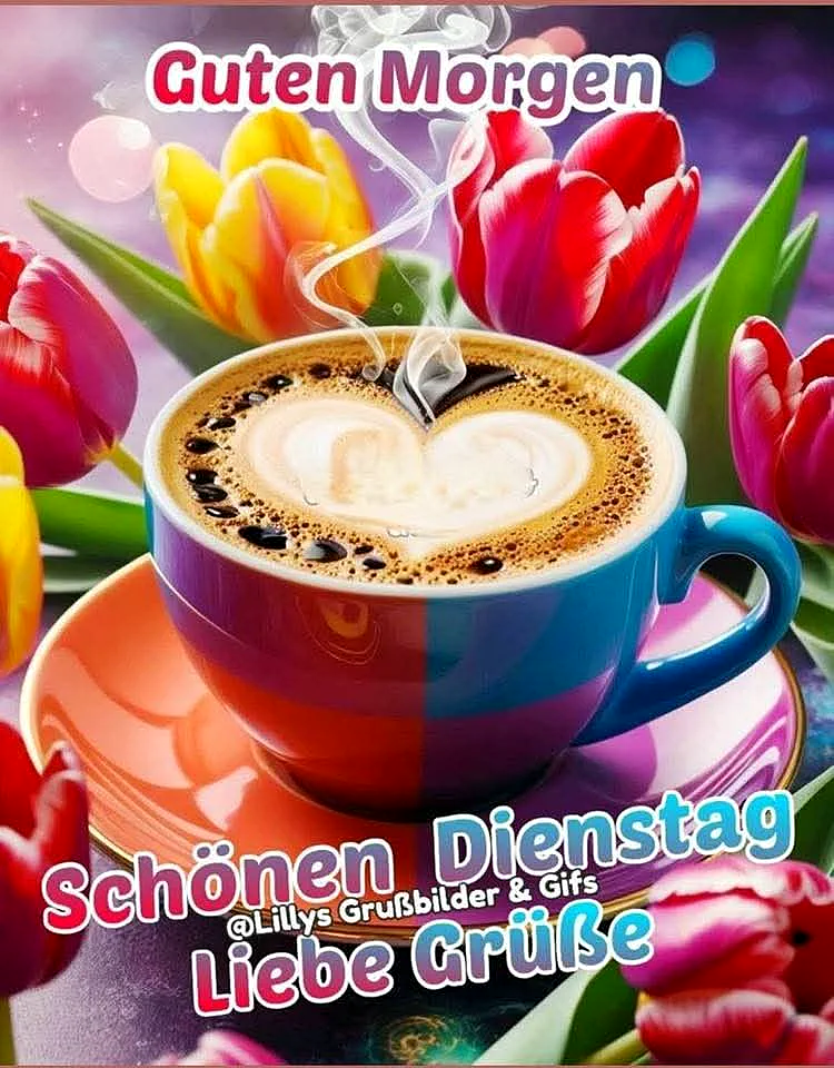 Ein farbenfroher Kaffeebecher mit einer Herzform auf dem Kaffee, umgeben von Tulpen in verschiedenen Farben auf einem bunten Hintergrund.