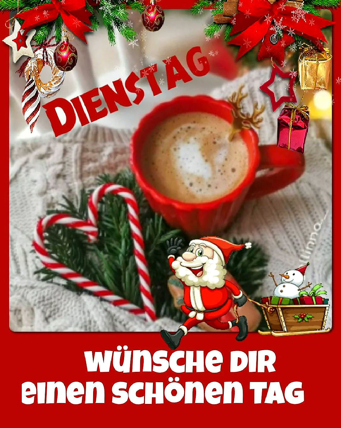 Ein herzliches Weihnachtsbild mit einem roten Kaffee-Becher, Weihnachtsdekoration, einem Schneemann und einem Cartoon-Weihnachtsmann, der einen Schlitten zieht.
