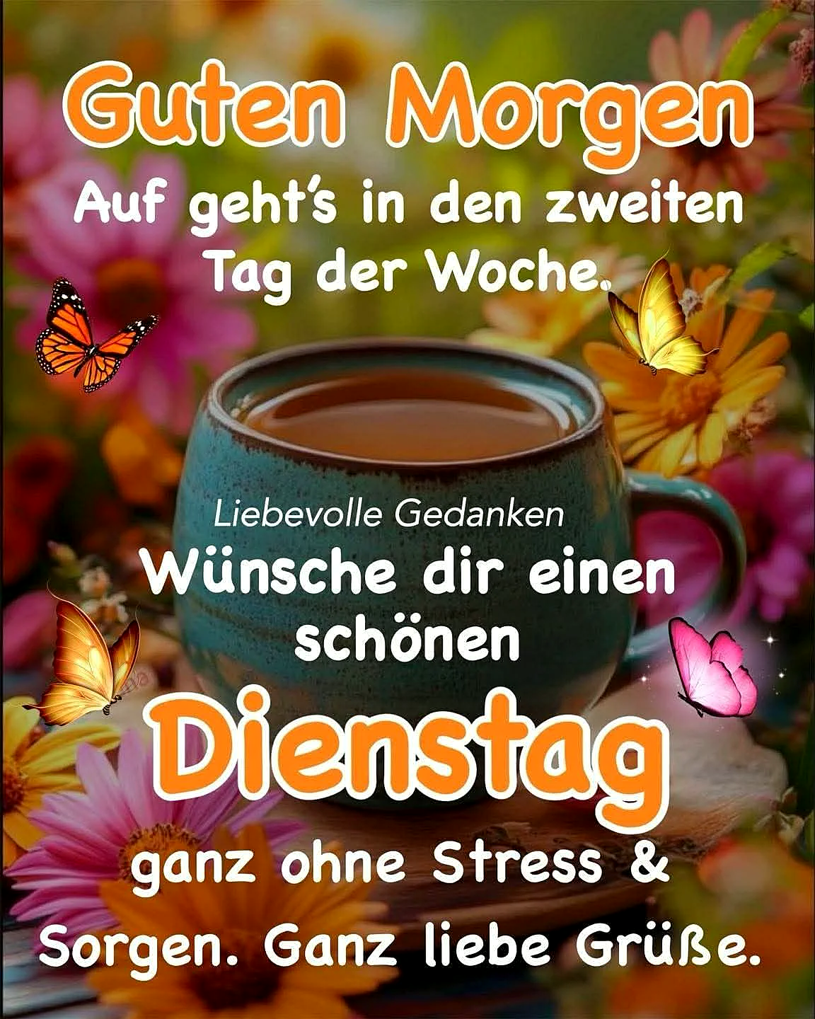 Ein Teebecher auf einem Holztisch, umgeben von farbenfrohen Blumen und Schmetterlingen. Der Becher ist blau und gefüllt mit einer braunen Flüssigkeit. Im Hintergrund unscharfe Blumen in Rosa, Gelb und Orange.