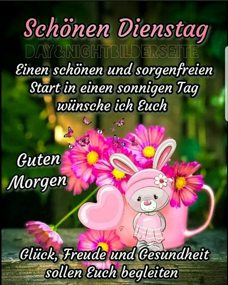 Ein rosa Häschen mit einem Herz und Blumen in einem Topf, umgeben von Schmetterlingen und Laub.