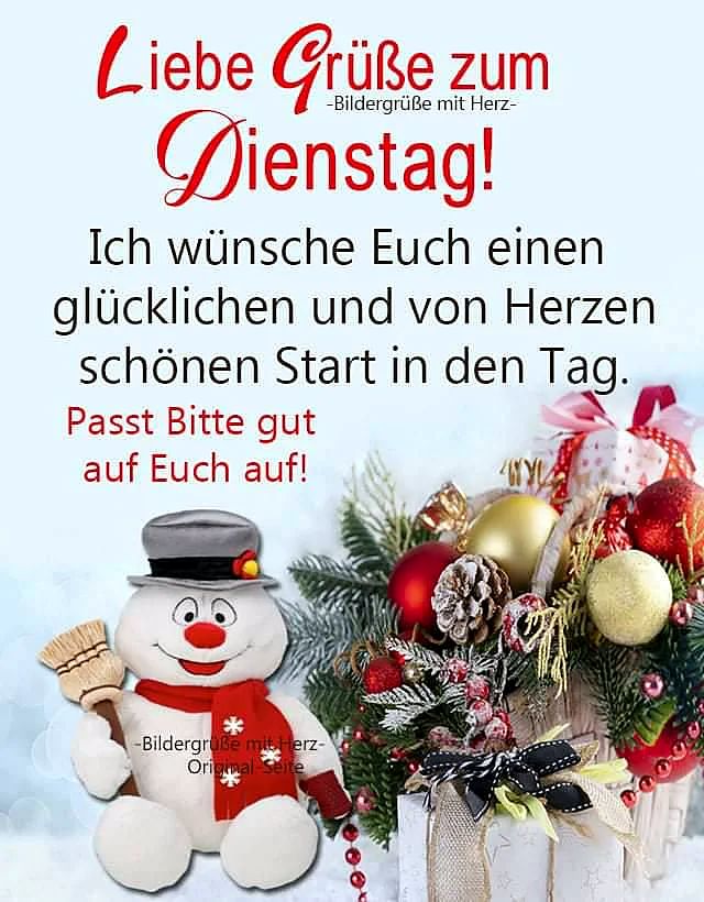 Ein lächelnder Plüsch-Schneemann hält einen Besen, umgeben von festlichen Christbaumkugeln, Tannenzweigen und Beeren. Eine herzliche Dienstagsgruß-Botschaft liegt über der winterlich-fröhlichen Szene.