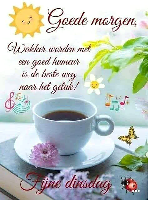 Ein helles Morgenbild mit einer Tasse Kaffee, einem zarten Blütenblatt und fröhlichen Details wie Sonne, Schmetterling und Marienkäfer. Es vermittelt eine ruhige, produktive Dienstagsstimmung und lädt zum Teilen ein.