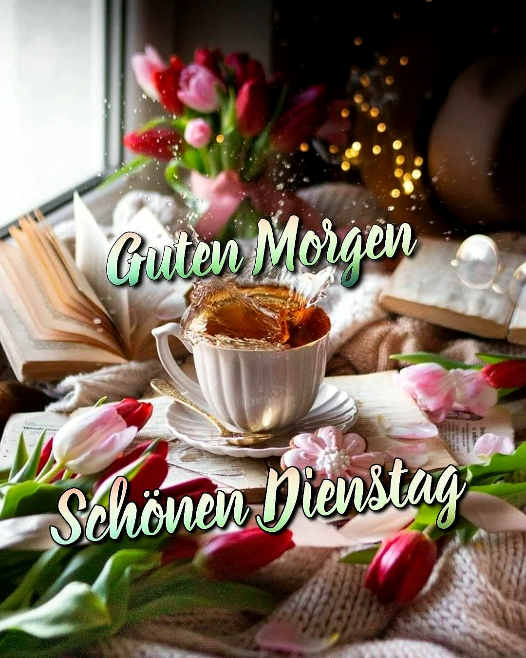 Ein gemütlicher Morgen mit einer Tasse Kaffee, Blumen und Büchern auf einem Tisch