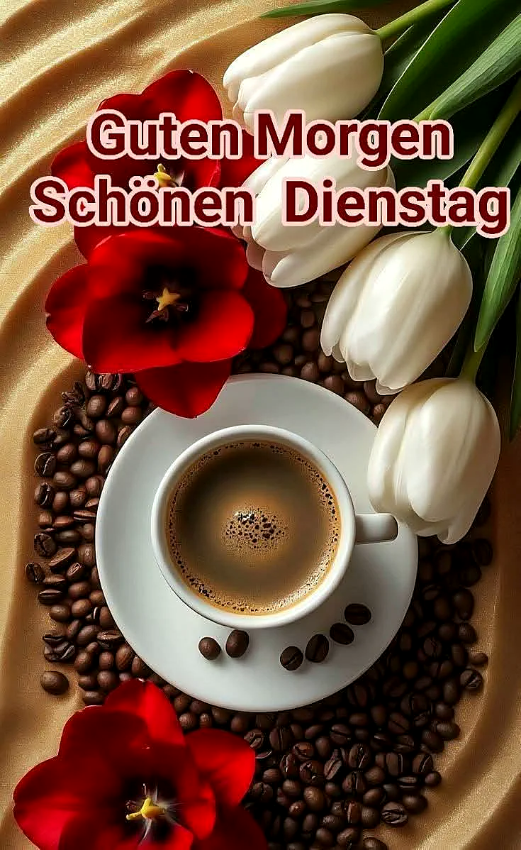 Schönen Dienstagmorgen - Guten Morgen Grüße mit Kaffee und Blumen