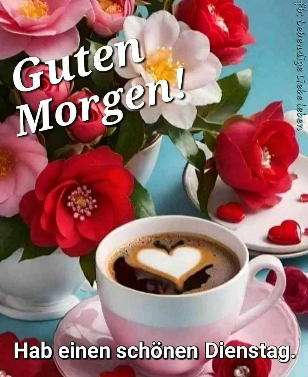 Schönen Dienstagmorgen - Guten Morgen Gruß mit Kaffee und Blumen