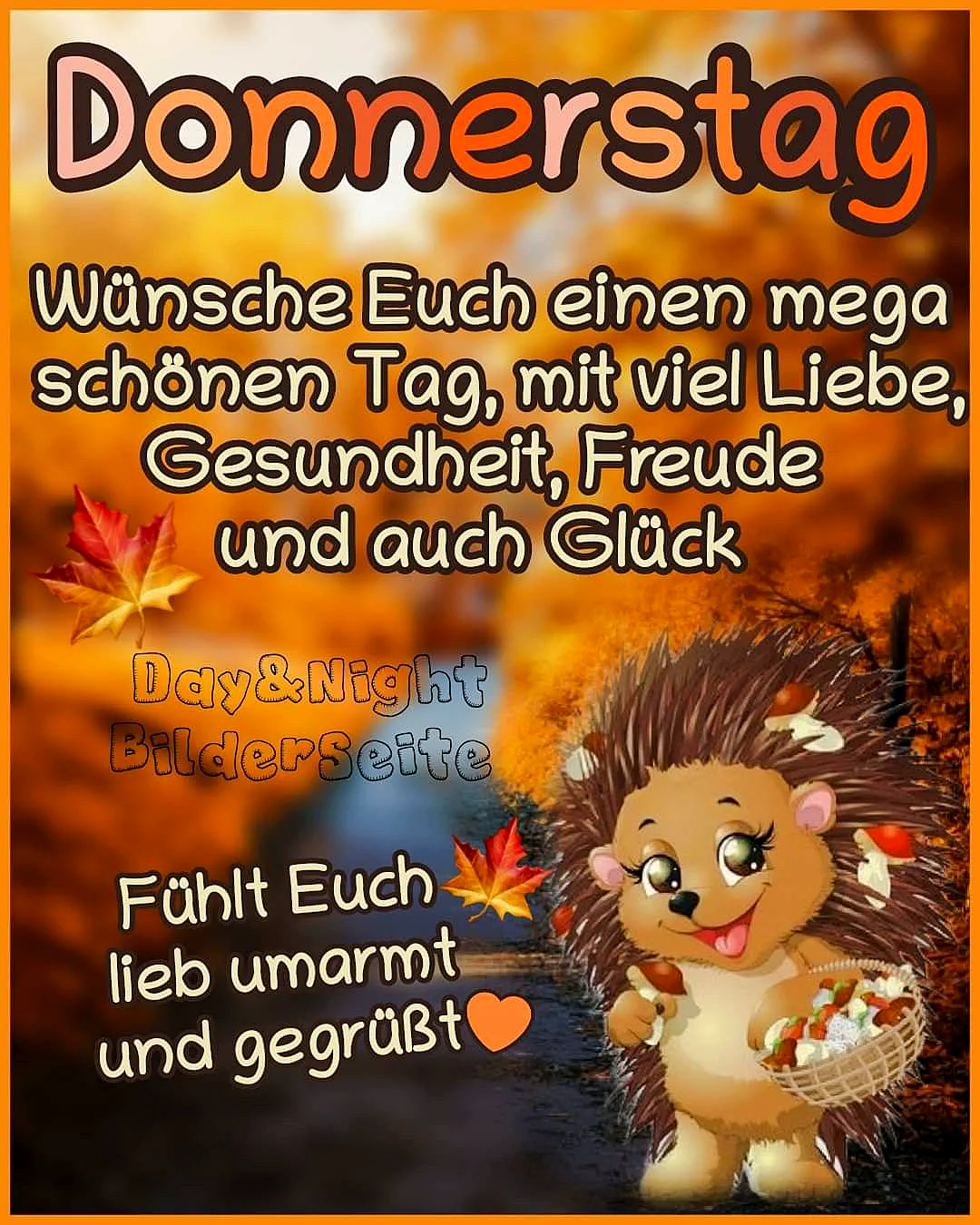 Ein Cartoon-Igel mit einem Korb voller Pilze, umgeben von Herbstlaub und einer warmen, orangefarbenen Hintergrundkulisse.