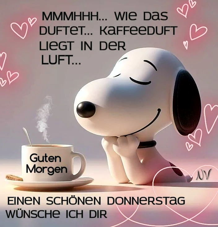 Schönen Donnerstag: Snoopy genießt den Kaffeeduft
