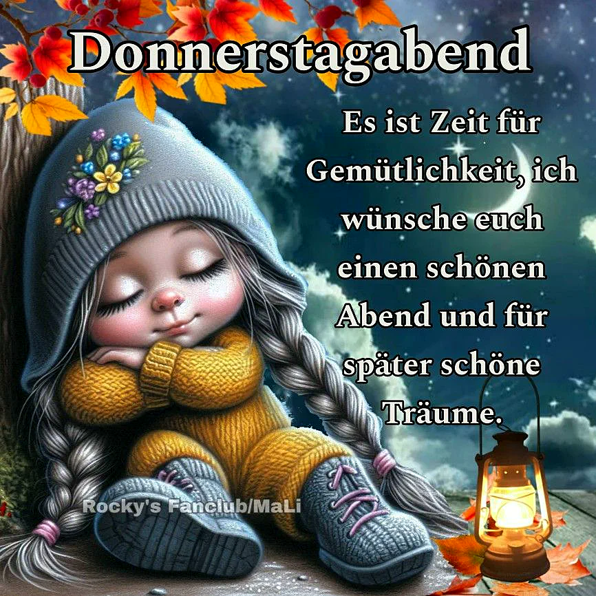 Ein digitales Bild einer kleinen, schlafenden Person mit langen Haaren, gelbem Pullover und grauem Hut, neben einer Laterne unter einem sternenklaren Nachthimmel mit Herbstlaub.