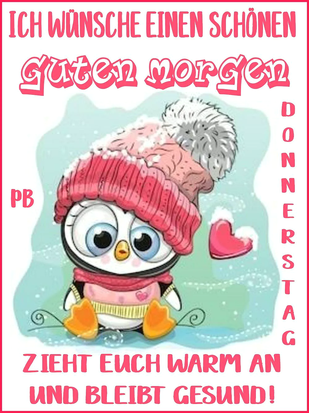 Ein niedliches Cartoon-Pinguin mit rosa Mütze, gelbem Schal und orangefarbenen Füßen sitzt vor einer hellgrünen, schneebedeckten Kulisse. Neben dem Pinguin schwebt ein rosa Herz.