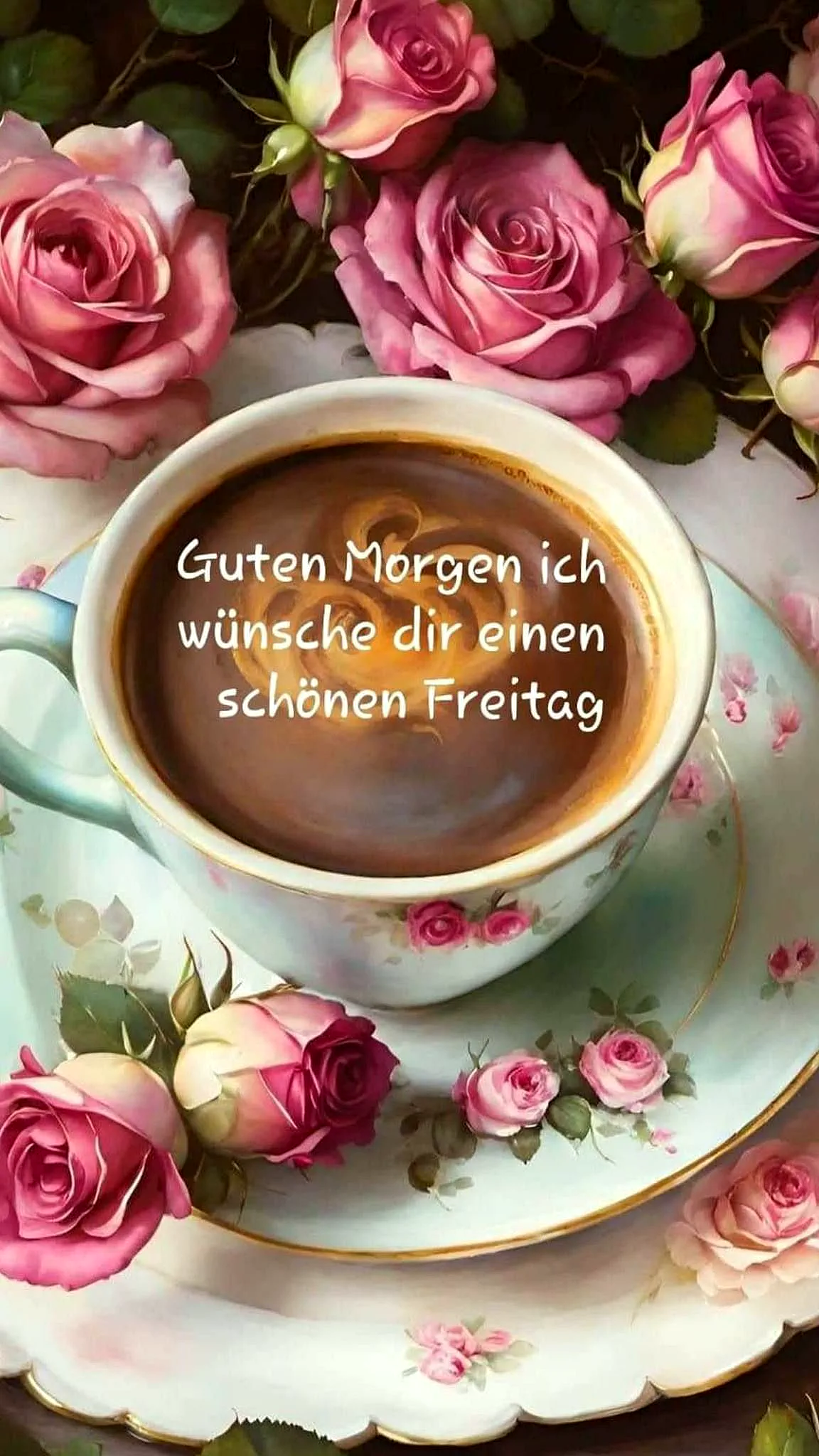 Schönen Freitag Bilder - Guten Morgen Grüße mit Kaffee und Rosen
