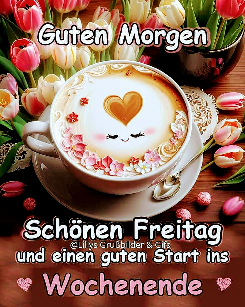 Schönen Freitag Bilder - Guten Morgen Gruß mit Kaffee und Blumen