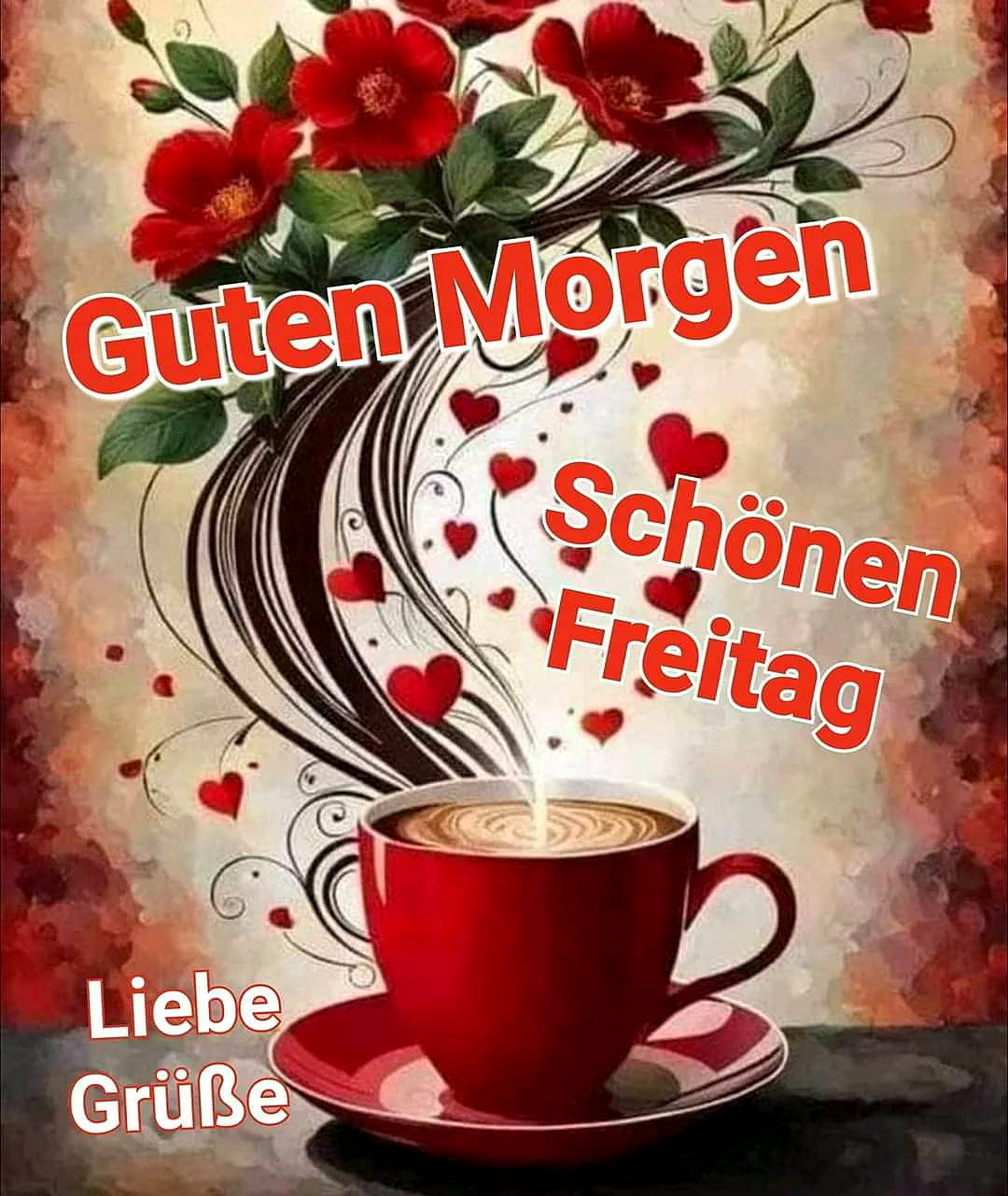 Ein roter Kaffeebecher auf einem Teller, umgeben von roten Blumen, grünen Blättern und schwirbelnden schwarzen Linien. Im Hintergrund ein floraler Dampf mit roten Herzen.