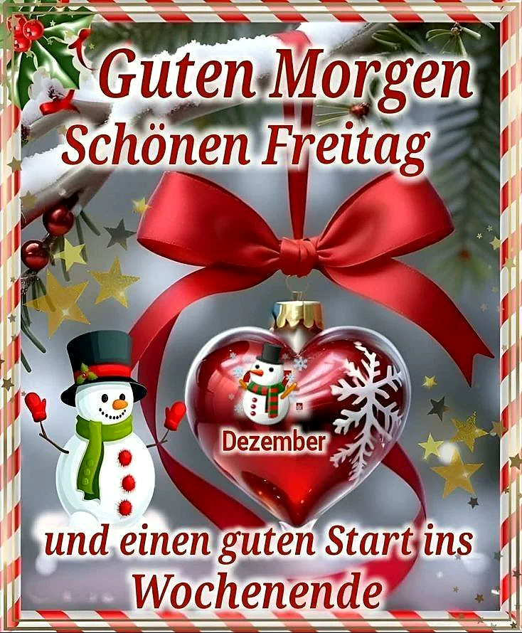 Ein winterliches Bild mit einem Schneemann, einem roten Herz-Ornament und einem roten Band. Der Schneemann trägt einen grünen Schal und einen schwarzen Hut. Im Hintergrund sind goldene Sterne und ein paar Blätter zu sehen.