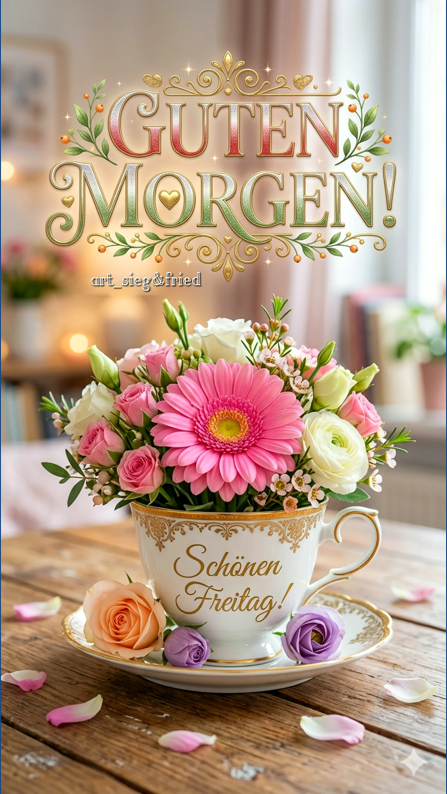 Schönen Freitag! Guten Morgen mit Blumen und Freude