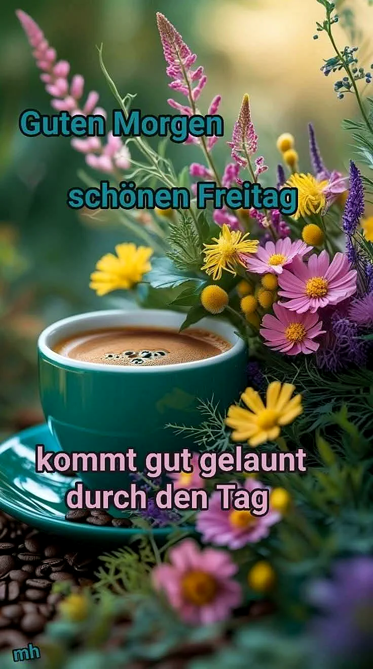 Schönen Freitag! Guten Morgen mit frischen Blumen und Kaffee