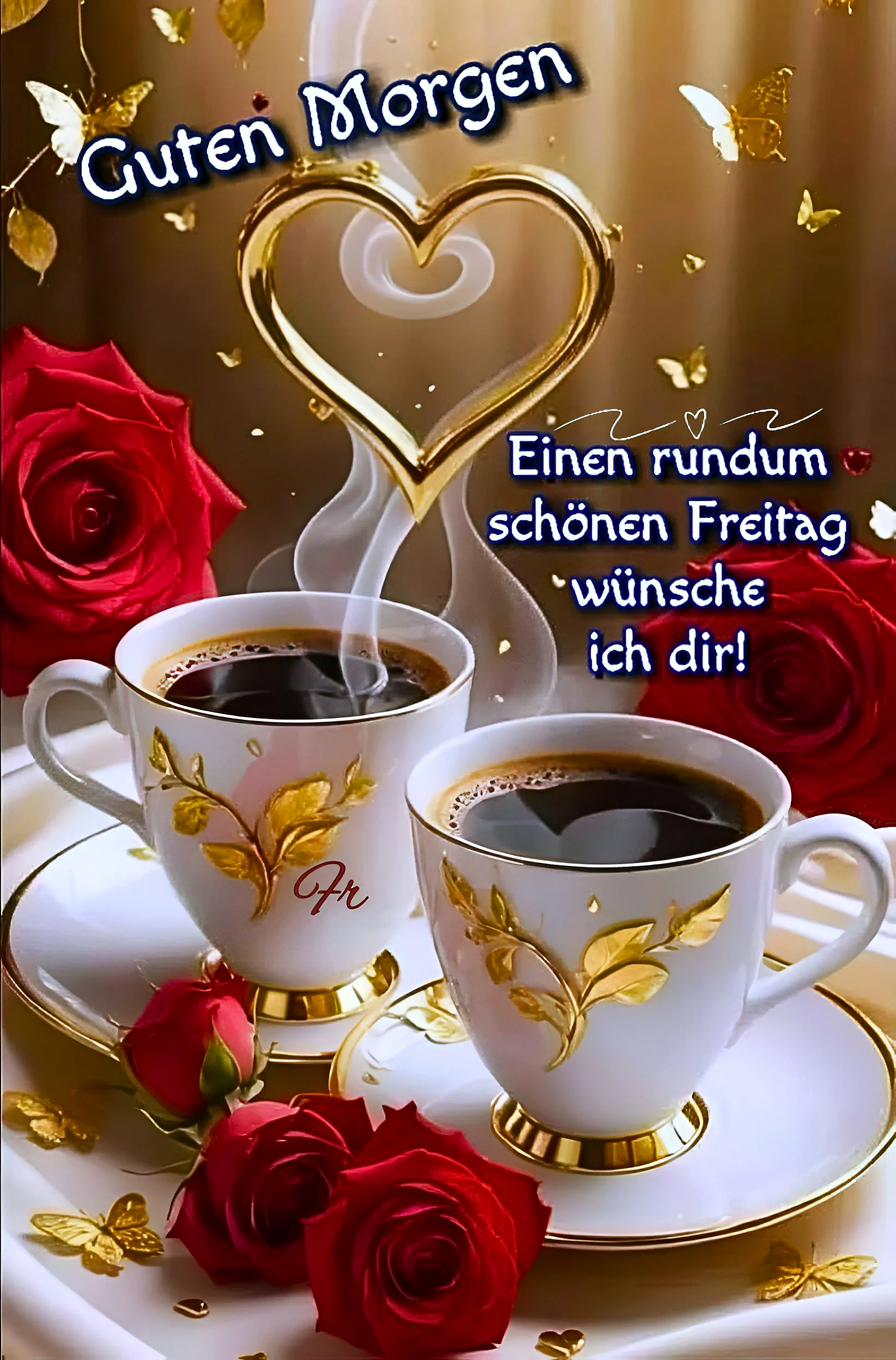 Schönen Freitag! Zwei Tassen Kaffee und Liebe zum Start