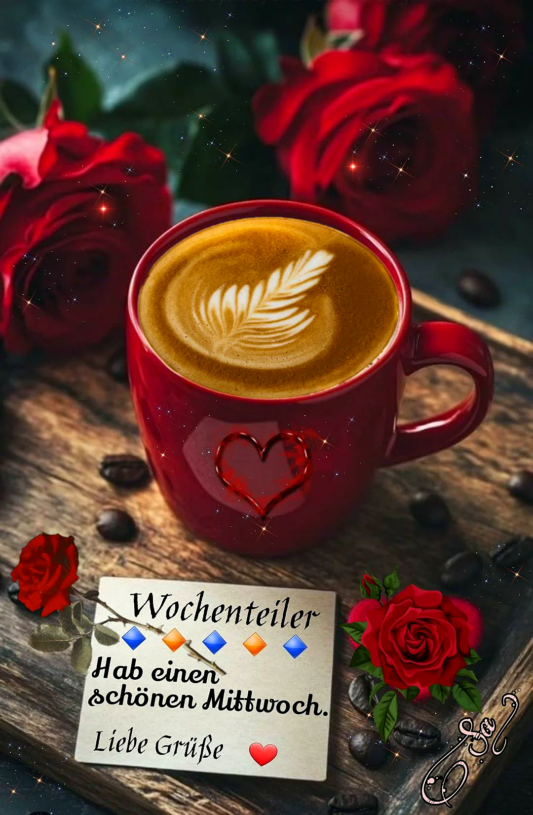 Ein roter Kaffeebecher mit einem Herzmotiv, gefüllt mit Kaffee, auf einem Holztisch mit roten Rosen und Kaffeebohnen, umgeben von einem Sternenhimmel.
