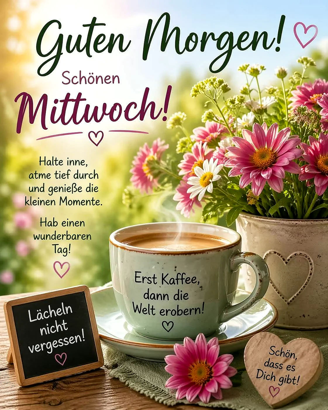 Ein Foto zeigt eine Tasse Kaffee mit der Aufschrift 'Erst Kaffee, dann die Welt erobern!' auf einem Tisch, umgeben von pinken und weißen Blumen, einem kleinen Schild mit 'Lächeln nicht vergessen!' und einem herzförmigen Holzschild mit 'Schön, dass es Dich gibt!'. Der Hintergrund ist unscharf und zeigt eine sommerliche Gartenlandschaft.