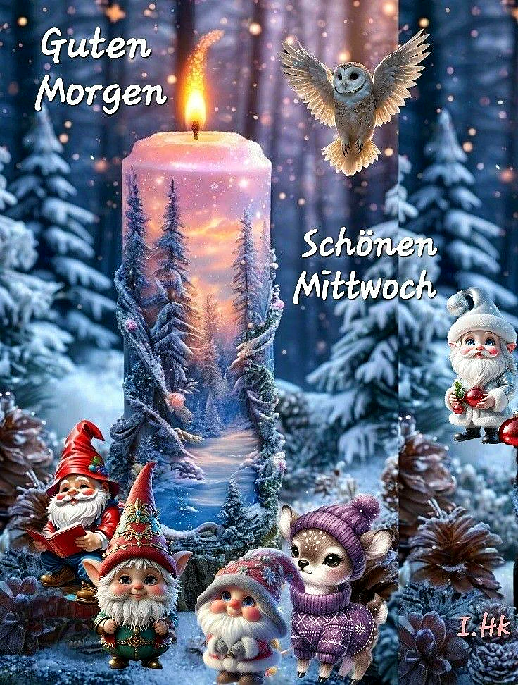 Ein winterliches Bild mit einer brennenden Kerze, mehreren Gartenzwergen, einem Reh und einer Eule im Schneewald. Die Gartenzwerge sind unterschiedlich gekleidet und haben verschiedene Mützen auf.