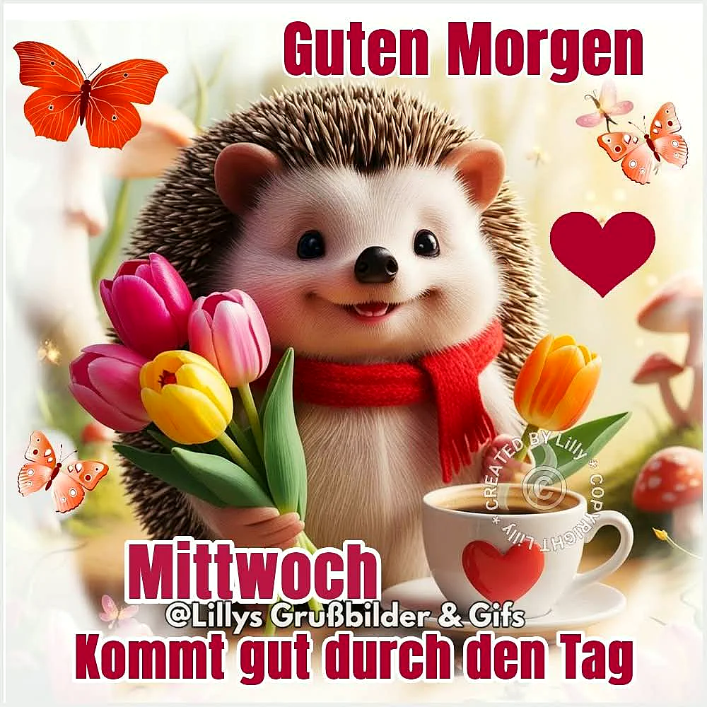 Ein niedlicher Igel mit einem roten Schal hält bunte Tulpen in der Hand und steht neben einer Tasse Kaffee mit einem Herz. Der Hintergrund zeigt eine sommerliche Gartenlandschaft mit Schmetterlingen, Pilzen und weichem Licht.