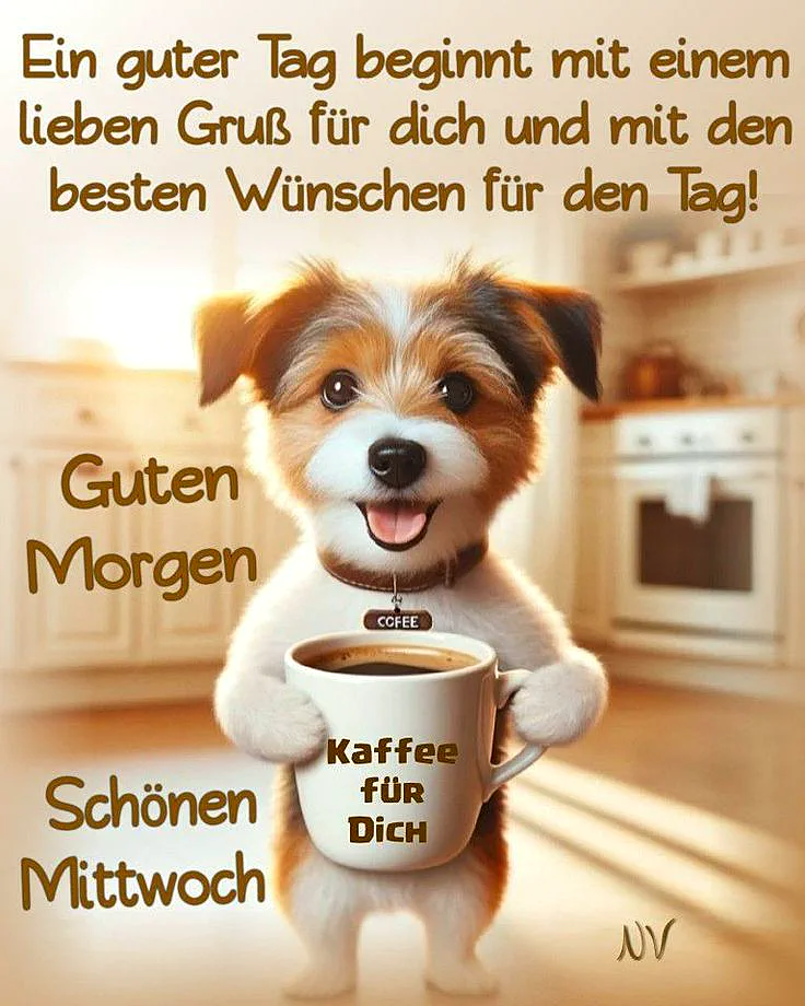 Ein niedliches Hundebild mit einer Tasse Kaffee in den Pfoten, im Hintergrund eine Küche, warmer Lichteinfall, freundliche Atmosphäre
