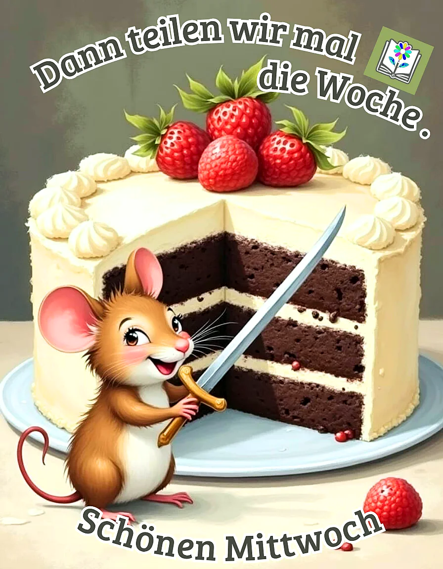 Schönen Mittwoch! Lustige Maus teilt die Woche mit Kuchen und Schwert