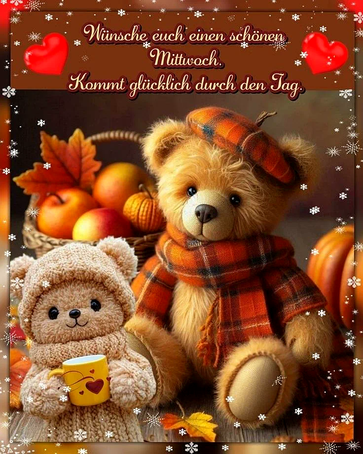 Ein Bild mit zwei Teddybären, die gemütlich zusammen sitzen. Der größere Bär trägt eine Mütze und einen Schal in orangem Plaid. Der kleinere Bär hält eine gelbe Tasse mit Herzmotiv. Im Hintergrund Körbe mit Äpfeln, Kürbissen und Herbstlaub. Das Bild ist umrahmt von Schneeflocken und roten Herzen.