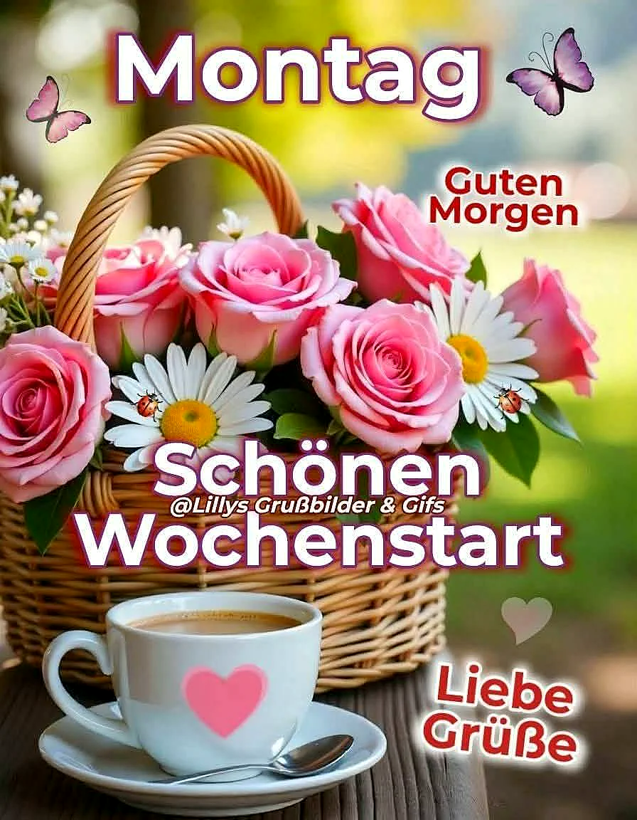 Ein Körbchen mit rosa Rosen, weißen Margeriten und kleinen Insekten, ein Kaffeebecher mit Herz darauf