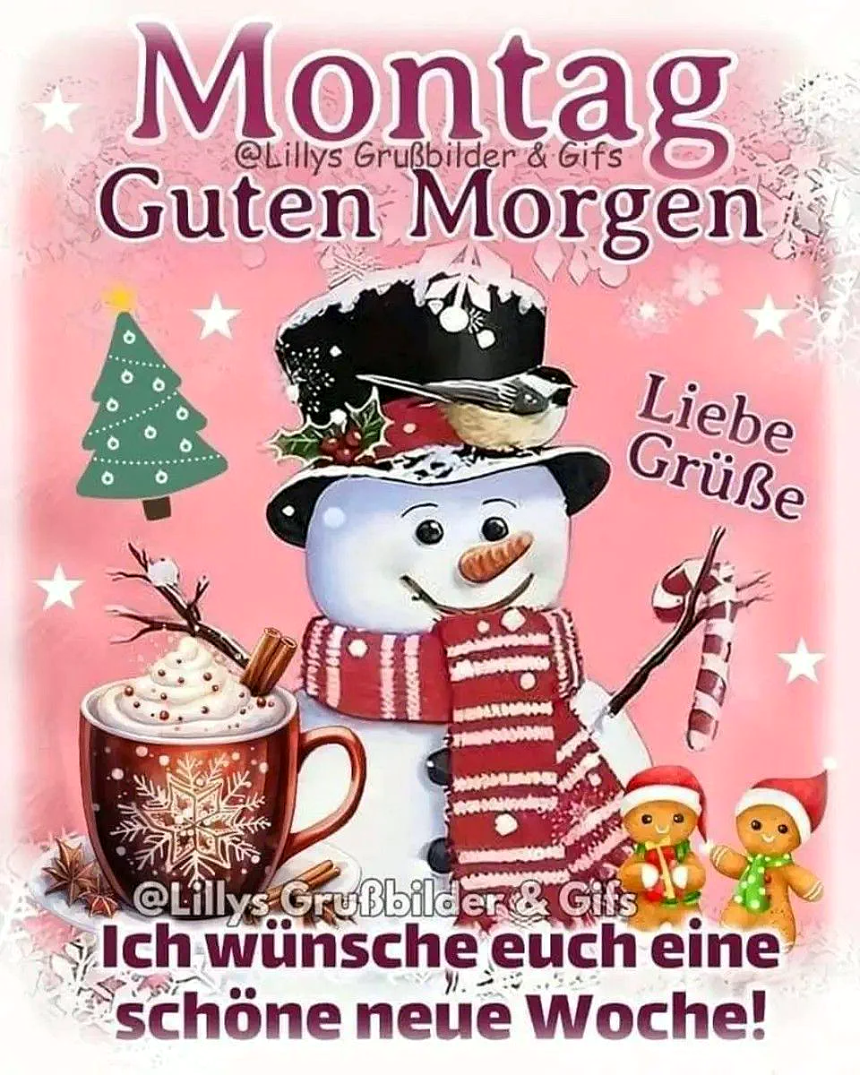 Schönen Montag! Guten Morgen Gruß mit Schneemann und Weihnachtsdekoration