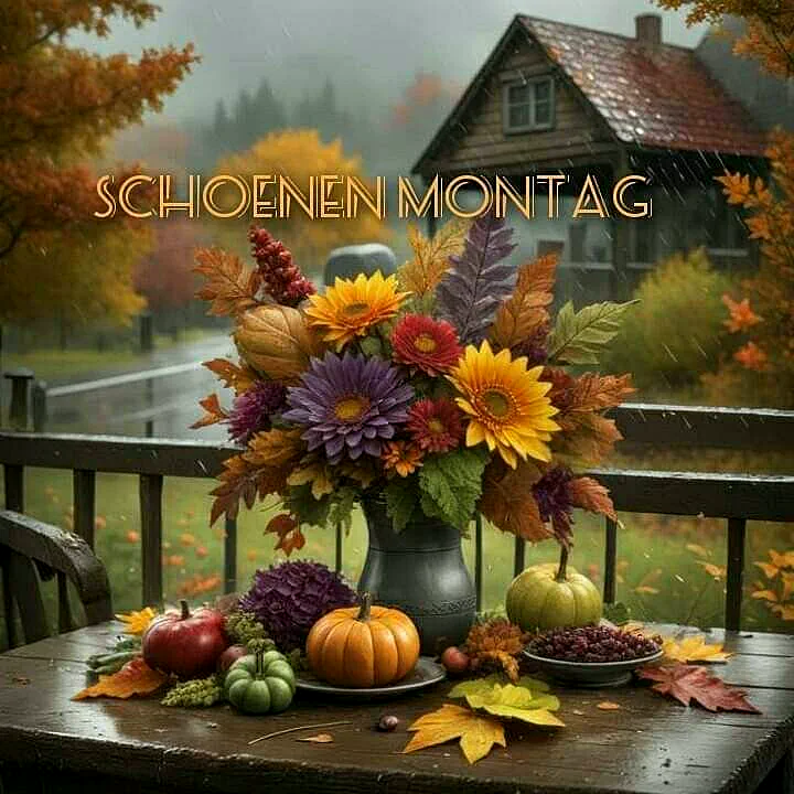 Ein herbstliches Stillleben mit einer bunten Blumenarrangement, Kürbissen, Äpfeln und Blättern auf einem Holztisch, im Hintergrund ein Haus und ein Regenbogen.