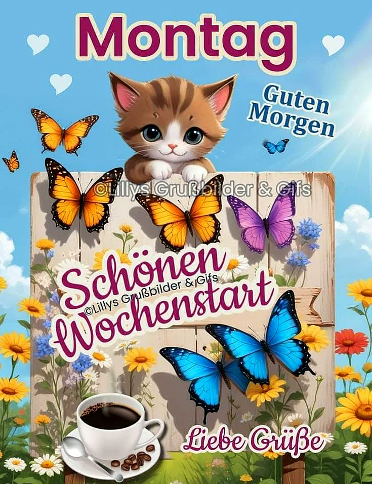Ein süßes Kätzchen blickt über einen Holzzaun. Bunte Schmetterlinge fliegen umher. Dazu eine Tasse dampfender Kaffee und die Botschaft 'Schönen Wochenstart, Liebe Grüße'. Ein fröhlicher, sonniger Montagsgruß.