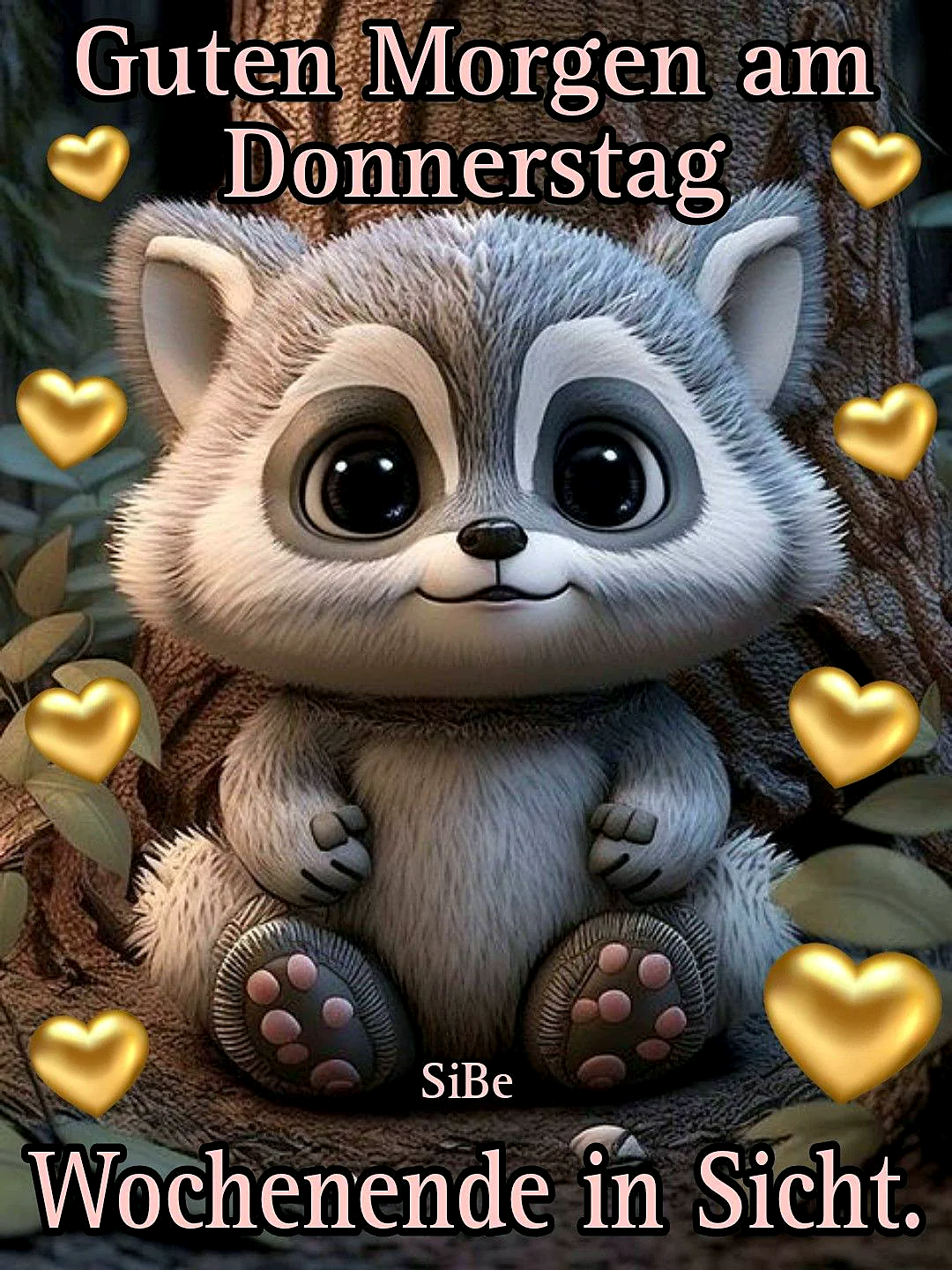 Ein niedliches, graues Eichhörnchen mit großen, schwarzen Augen sitzt auf einem Baumstamm, umgeben von goldenen Herz-Emojis und Blättern. Das Eichhörnchen hat eine friedliche, freundliche Miene.