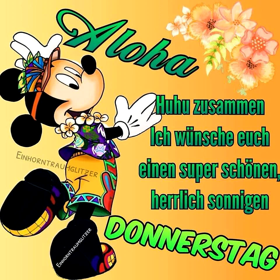 Mickey Mouse in bunter Hawaii-Kleidung, mit Blumenkette und Blumen im Haar, winkt freundlich. Der Hintergrund ist sonnig orange, ergänzt durch zarte Blüten. Eine fröhliche, sommerliche Stimmung zum Donnerstag.