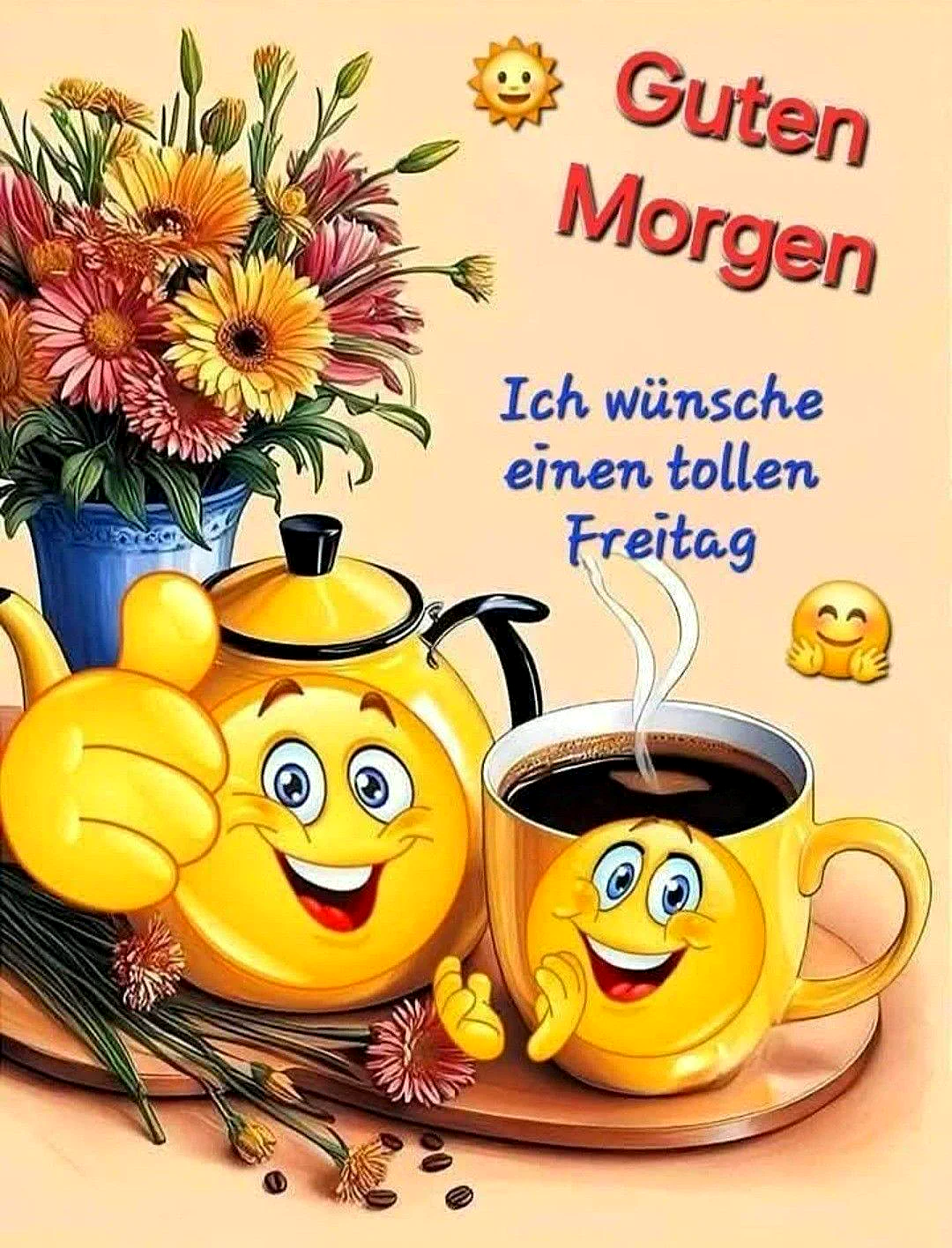 Fröhlicher Freitagsgruß mit bunten Blumen, lachender Teekanne und dampfender Kaffeetasse mit Smiley-Gesichtern. Kaffeebohnen auf Holztablett. Ein sonniges Morgenbild, das gute Laune und Wochenendfreude ausstrahlt.
