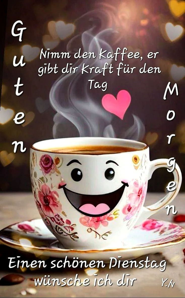 Eine lächelnde Kaffeetasse mit floralem Muster, umhüllt von aufsteigendem Dampf. Im Hintergrund leuchten sanfte Herz-Bokeh-Lichter. Der Grußtext verspricht Kraft für einen schönen Dienstag und einen guten Morgen.