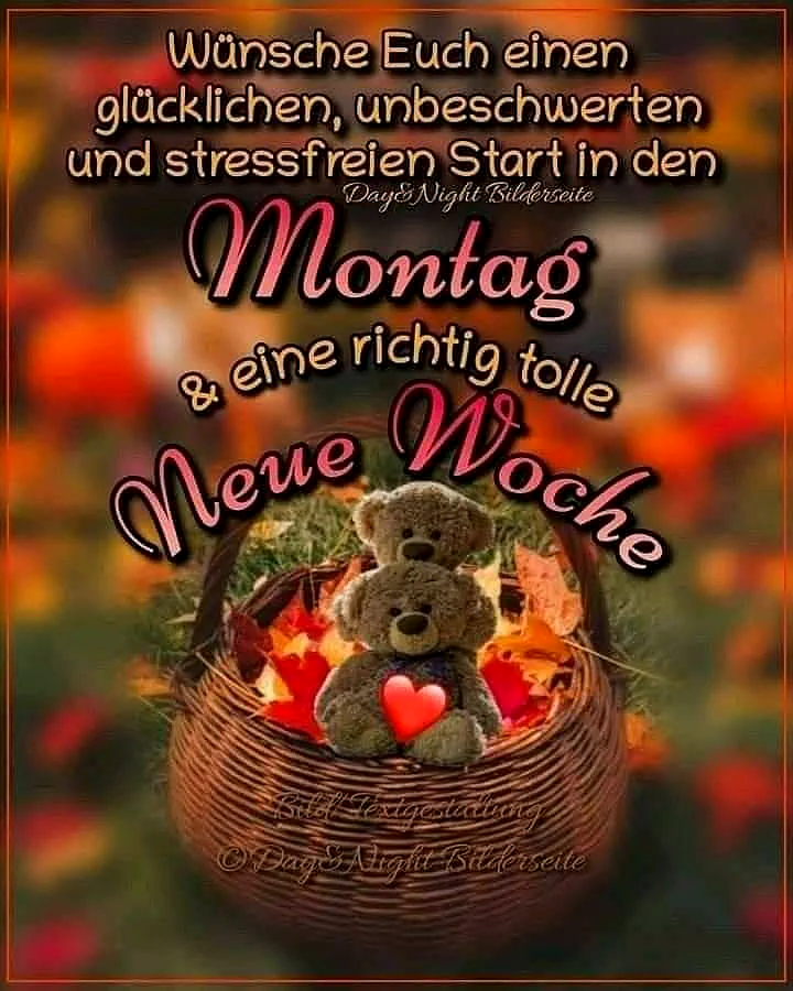 Zwei flauschige Teddybären sitzen gemütlich in einem geflochtenen Korb, umgeben von bunten Herbstblättern. Der untere Bär hält ein leuchtend rotes Herz, was eine optimistische und aufmunternde Stimmung für einen schönen Wochenstart vermittelt.
