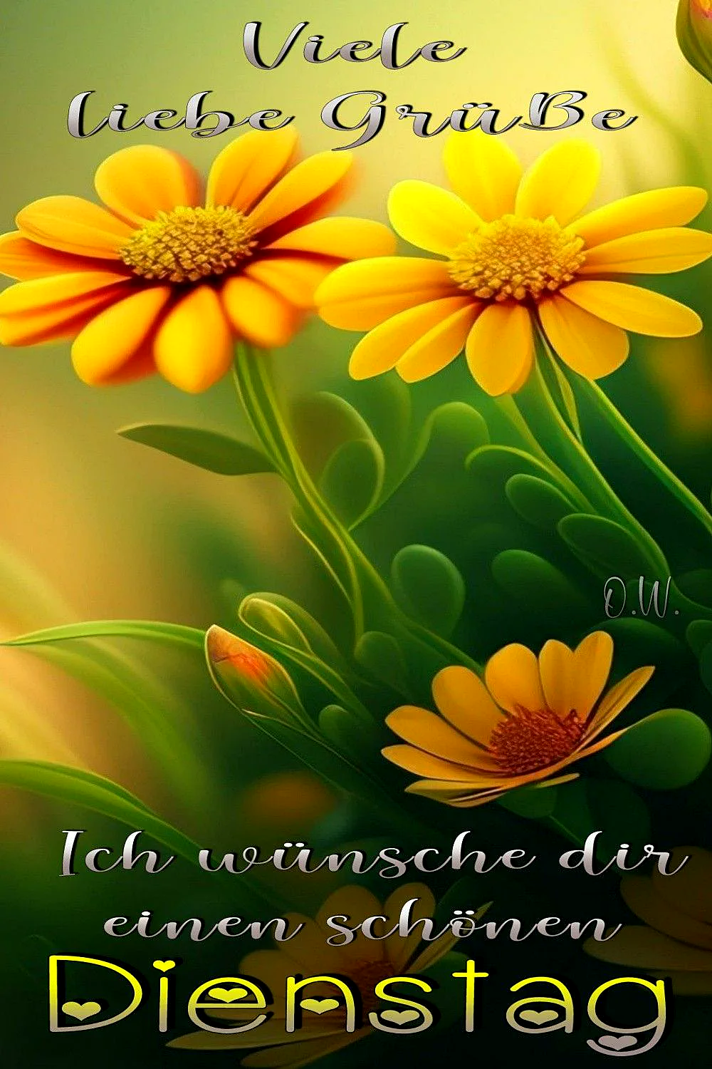 Ein leuchtendes Bild voller gelber Blüten und grüner Blätter, das fröhliche Dienstagswünsche überbringt. Die Sonne küsst die Blütenblätter, ein ruhiger Morgen für einen produktiven Tag.