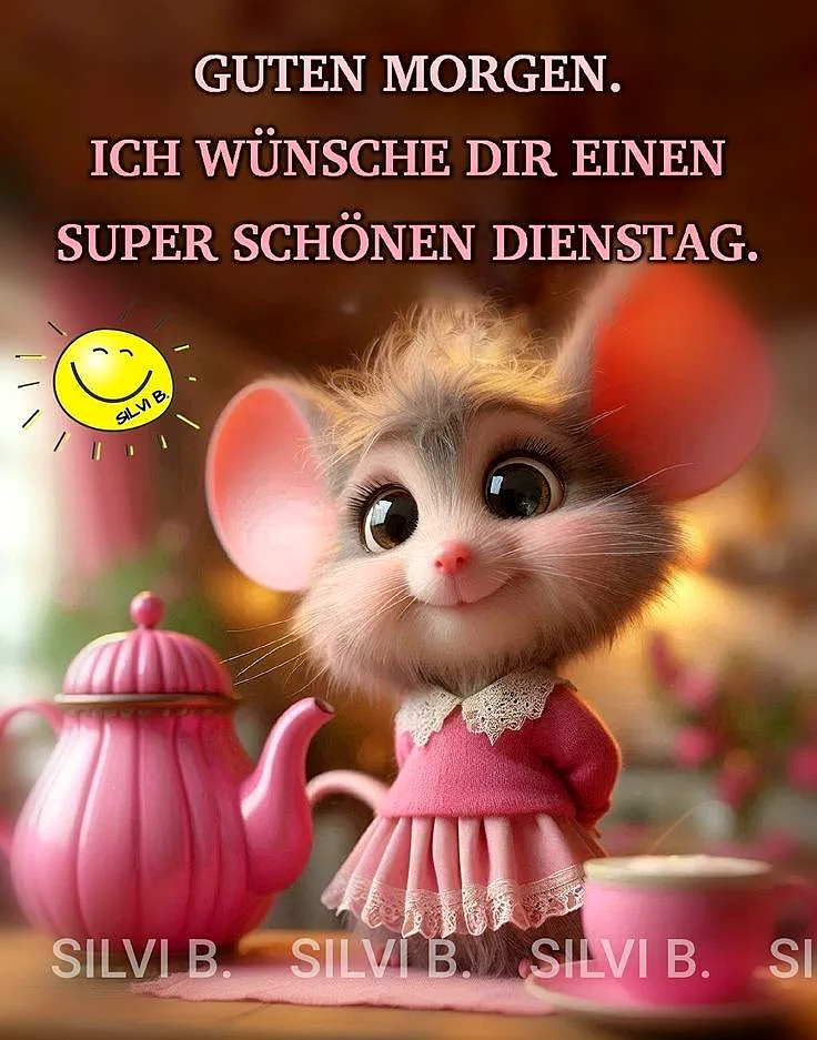 Ein süßes, flauschiges Cartoon-Mäuschen in einem rosa Kleid sitzt neben einer passenden Teekanne. Es hat große, glänzende Augen und lächelt freundlich. Über ihm leuchtet eine lächelnde gelbe Sonne. Das Bild vermittelt eine ruhige, freundliche Morgenstimmung.