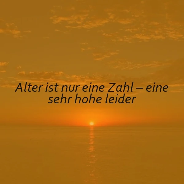 Ein warmes Sonnenuntergangsbild über dem ruhigen Meer mit golden-orangenem Himmel. Darauf steht in schwarzer Schrift das Zitat: Alter ist nur eine Zahl – eine sehr hohe leider. Die Stimmung ist humorvoll und nachdenklich zugleich.